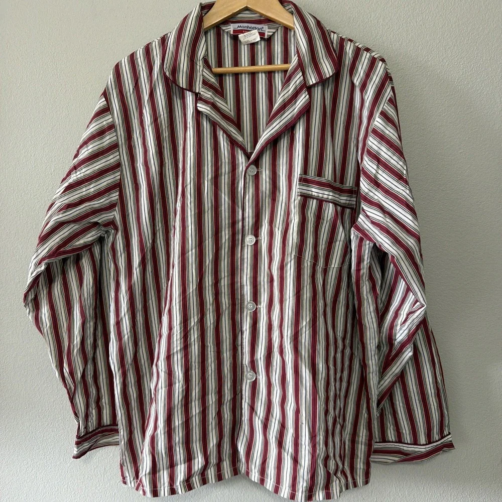 Manhattan VTG Men's 2 Piece Striped Pajama Set XL Bottoms & Top Button 1970's